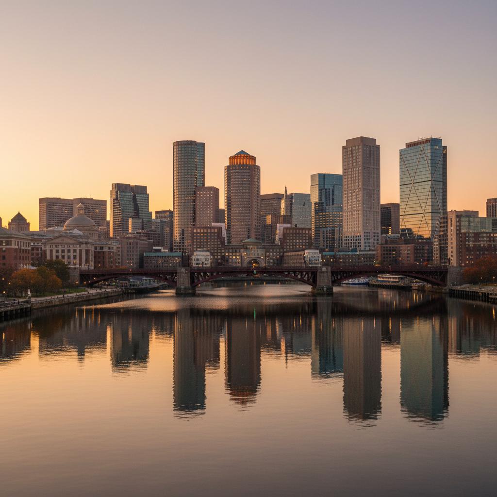 Providence Rhode Island skyline at golden hour on the Providence River, Brown University and biotech research hub