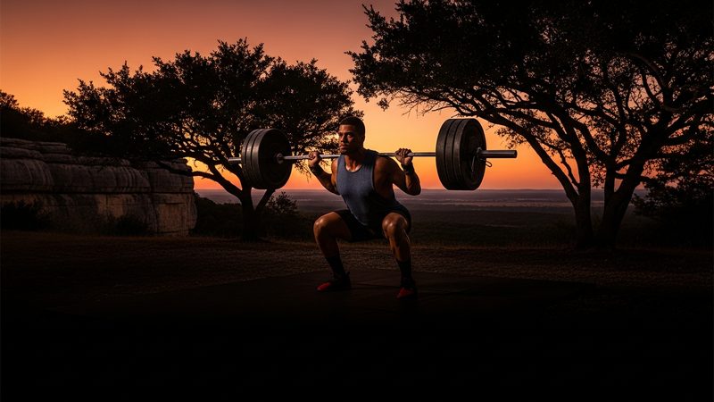 Powerlifter training at sunset in Texas Hill Country — military fitness and athletic strength culture