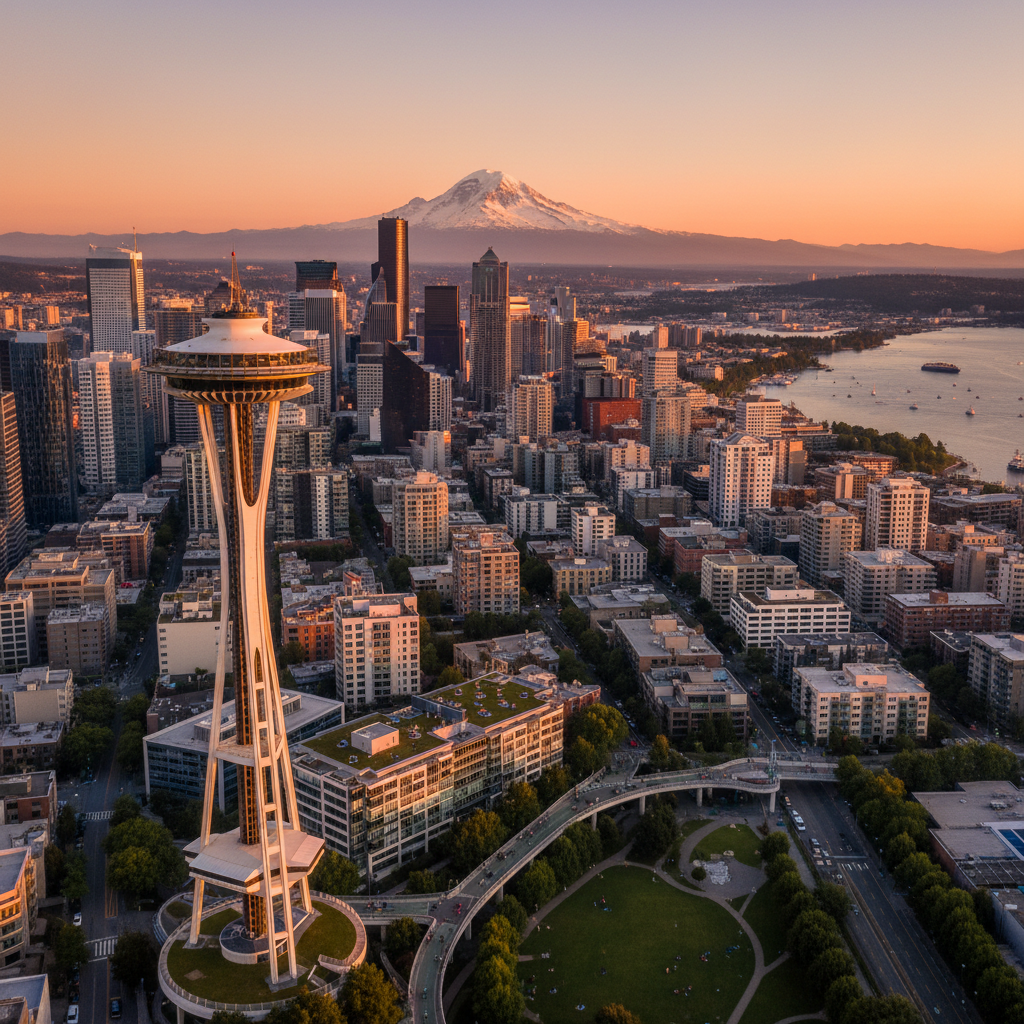 Seattle Washington skyline at sunset with Mount Rainier backdrop — tech professional wellness and biohacker community