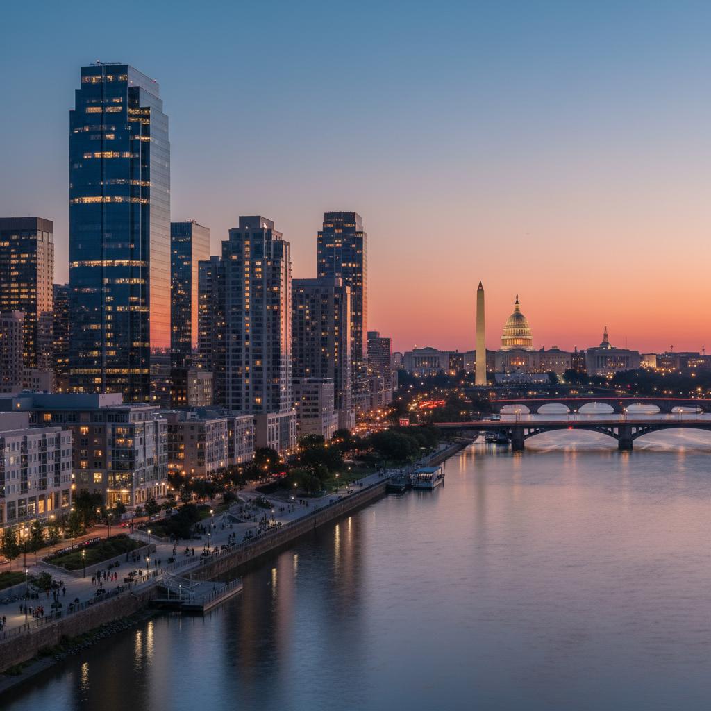 Charleston West Virginia skyline at golden hour with Kanawha River, Appalachian research and veteran wellness community