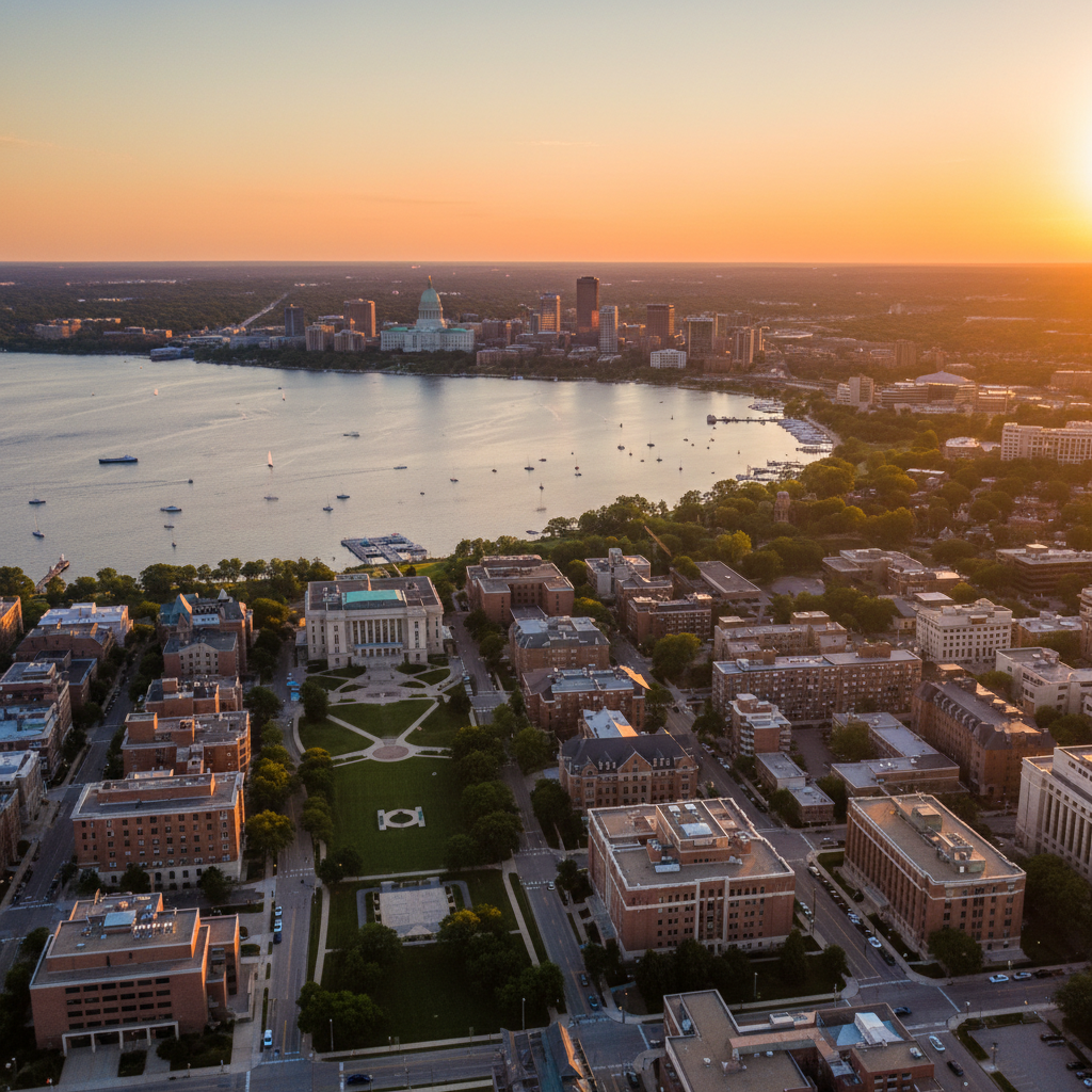 Madison Wisconsin skyline at golden hour with Lake Mendota and UW campus — research university biohacker and wellness community