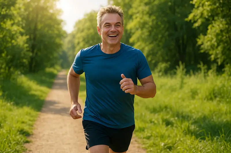 A vibrant person running outdoors, embodying peak energy and vitality, with a bright and determined expression.