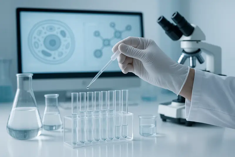 Scientific laboratory setting with research equipment and molecular diagrams, emphasizing advanced peptide research.