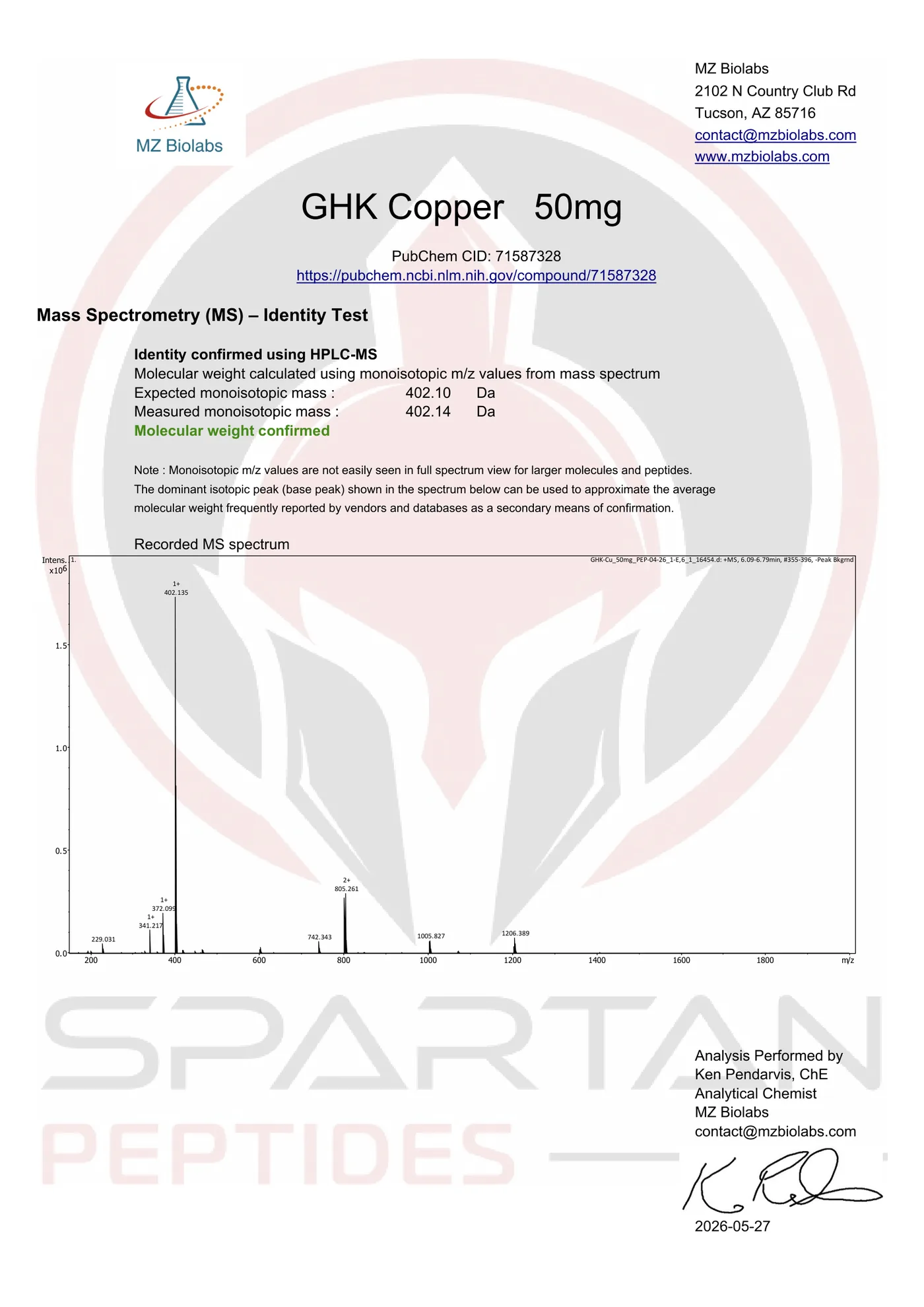 ghk-cu coa usa GHK-Cu 50mg COA | Lot PEP-04-26, 99.77% Verified by MZ Biolabs